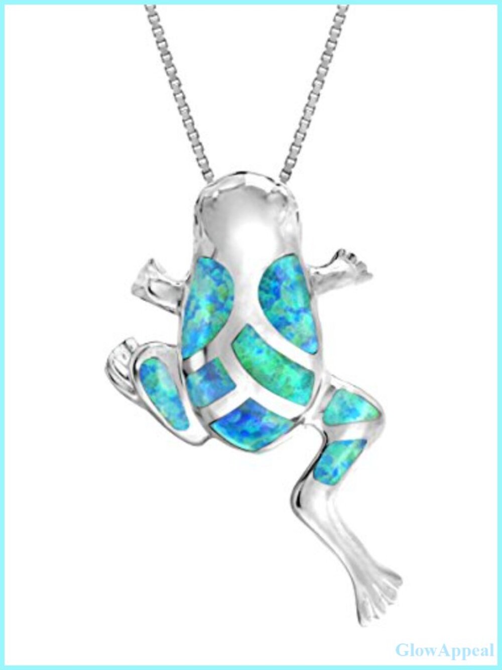 Sterling Silver Simulated Blue Opal Lucky Frog Necklace 18" Box Chain